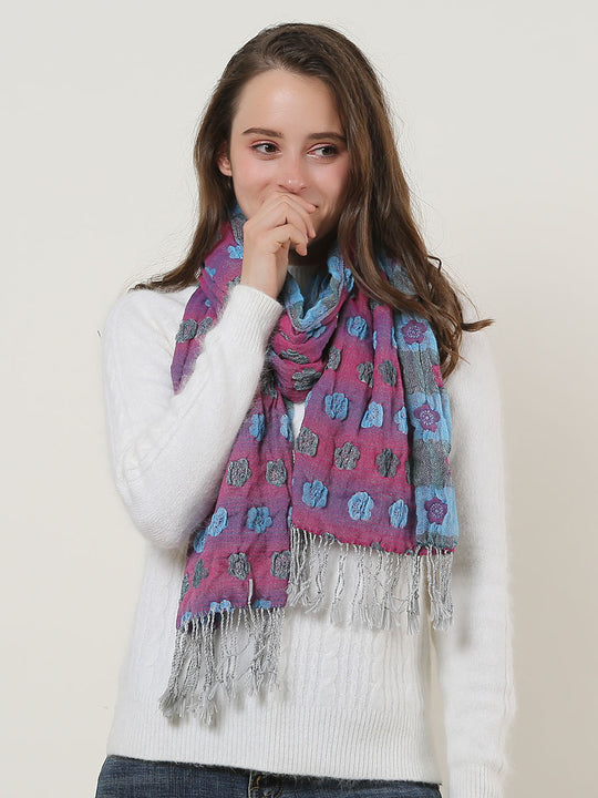 SF1155 Purple - Floral Pattern Scarf With Tassels Trims