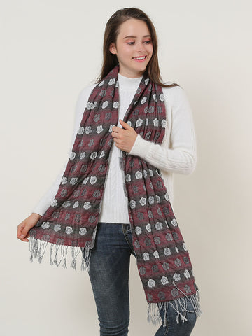 SF1155 Red - Floral Pattern Scarf With Tassels Trims