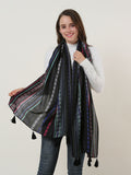 SF1156 Black - Small Geometric Pattern Scarf With Tassels Trims