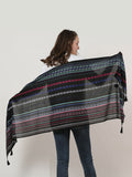 SF1156 Black - Small Geometric Pattern Scarf With Tassels Trims