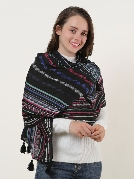 SF1156 Black - Small Geometric Pattern Scarf With Tassels Trims