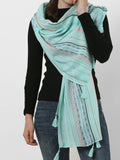SF1156 Green - Small Geometric Pattern Scarf With Tassels Trims