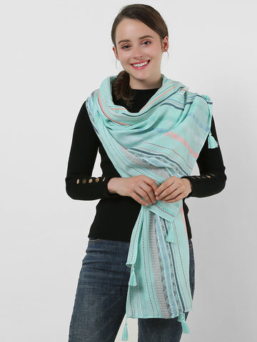 SF1156 Green - Small Geometric Pattern Scarf With Tassels Trims