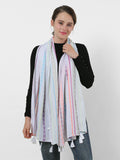 SF1156 White - Small Geometric Pattern Scarf With Tassels Trims