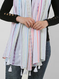SF1156 White - Small Geometric Pattern Scarf With Tassels Trims