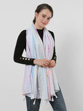 SF1156 White - Small Geometric Pattern Scarf With Tassels Trims