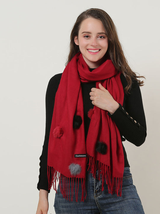 SF1160-2 Red - Pom Pom Decorations Scarf With Tassel Trims