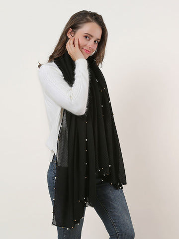 SF1162-1-BLK - Twill Pattern Scarf With Pearls Decoration
