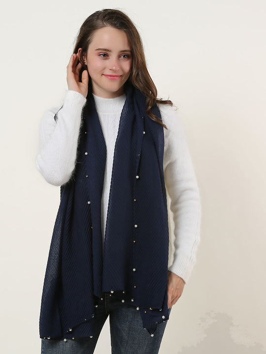 SF1162-1-NAV - Twill Pattern Scarf With Pearls Decoration