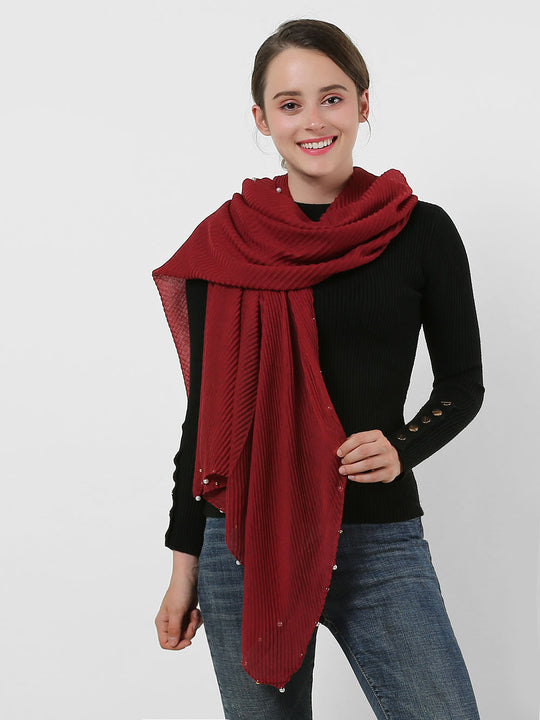 SF1162-1-RED - Twill Pattern Scarf With Pearls Decoration
