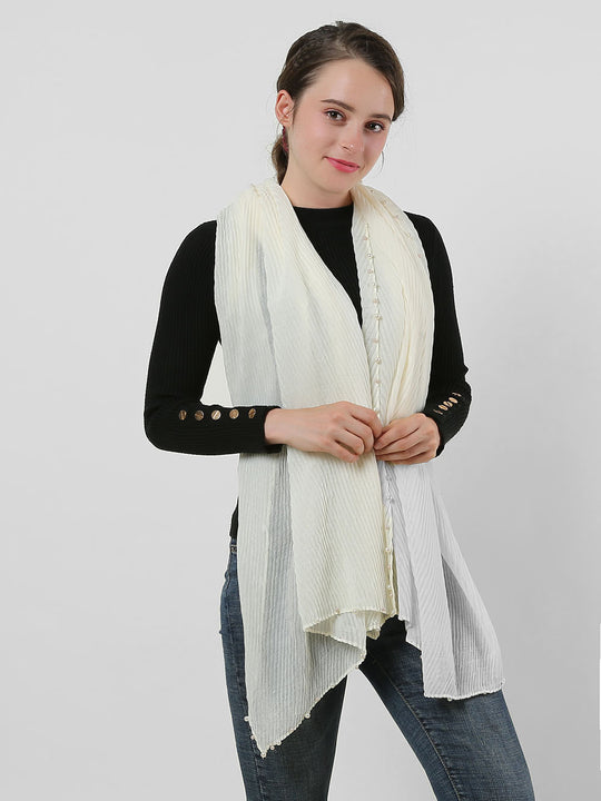 SF1162-1-WHT - Twill Pattern Scarf With Pearls Decoration