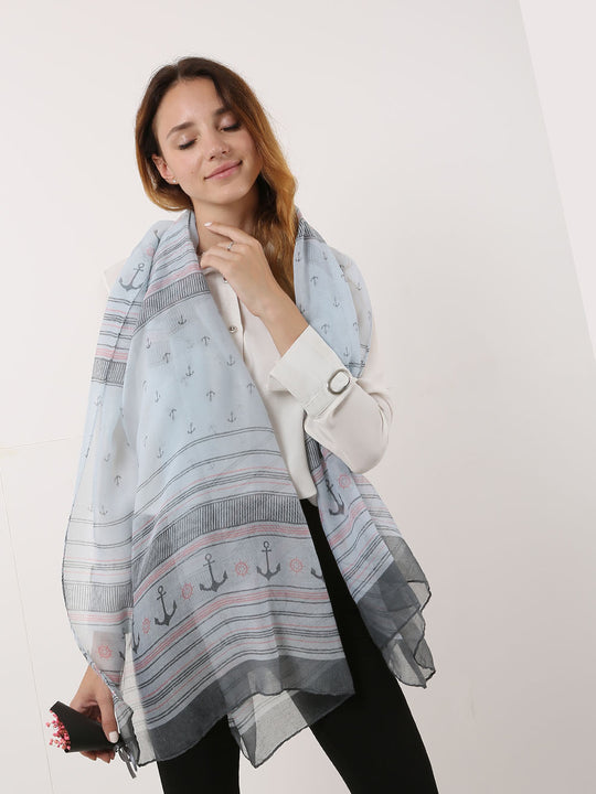 SF1176-1-GRY - Anchor & Stripes Pattern Scarf For Women