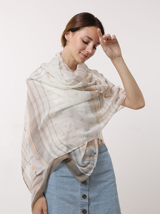 SF1176-1-KHA - Anchor & Stripes Pattern Scarf For Women