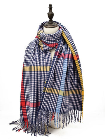 SF1187 Blue - Houndstooth Pattern Scarf With Tassel For Women