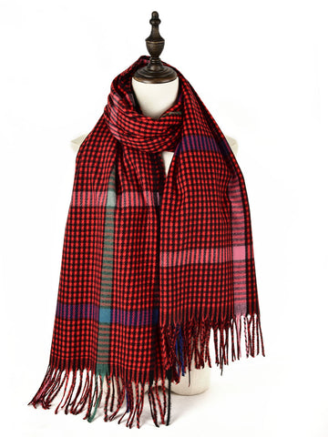 SF1187 Purplish Red - Houndstooth Pattern Scarf With Tassel For Women