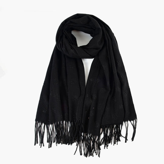 SF1232-BLACK Single Color With Flower Decorated Scarf