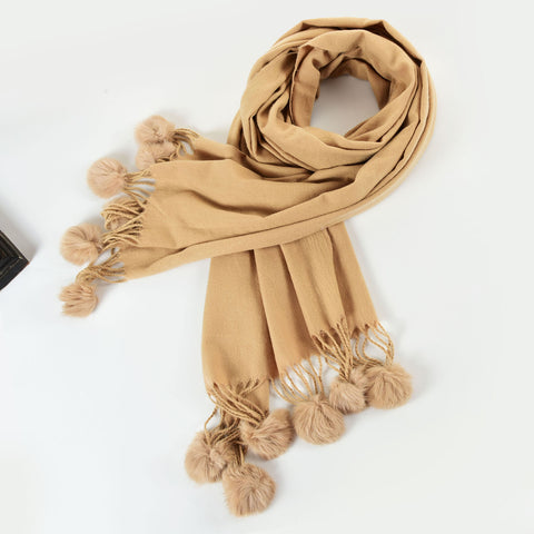 SF1233-BEIGE Cute Wool Balls Ends Single Color Fashion Style Scarf