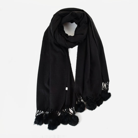 SF1233-BLACK Cute Wool Balls Ends Single Color Fashion Style Scarf