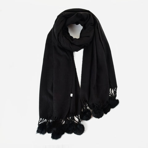 SF1233-BLACK Cute Wool Balls Ends Single Color Fashion Style Scarf