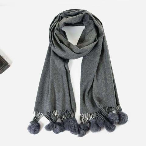 SF1233-DARKGREY Cute Wool Balls Ends Single Color Fashion Style Scarf