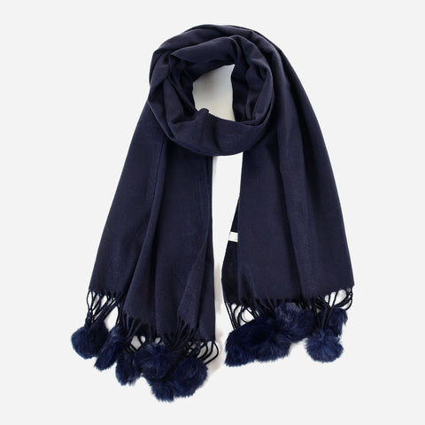 SF1233-NAVY Cute Wool Balls Ends Single Color Fashion Style Scarf