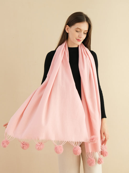 SF1233-PKN Cute Wool Balls Ends Single Color Fashion Style Scarf