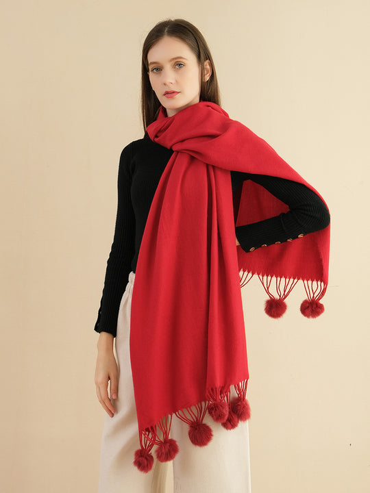 SF1233-RED Cute Wool Balls Ends Single Color Fashion Style Scarf