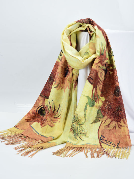 SF1235-YLW- Women's new sunflower oil painting double-sided thick scarf