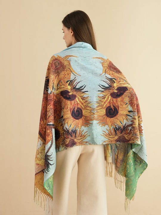 SF1241-BLL Charming Blue Sunflower Oil Painting Scarf