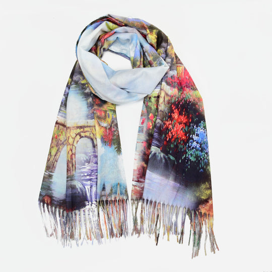 SF1244-BLACK - Women's winter landscape painting pattern scarf