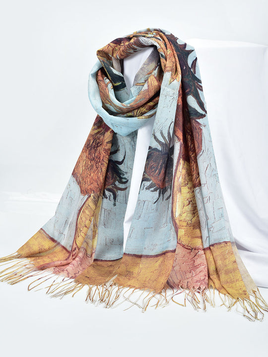 SF1245-LIGHTBLUE - Women's new sunflower oil painting scarf