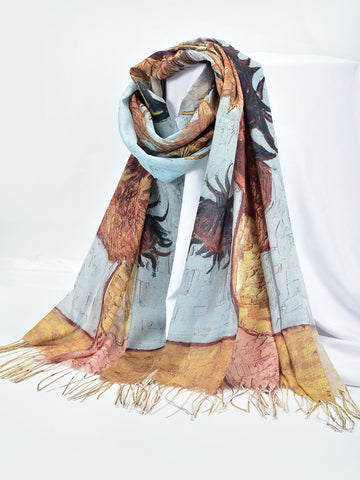 SF1245-LIGHTBLUE - Women's new sunflower oil painting scarf