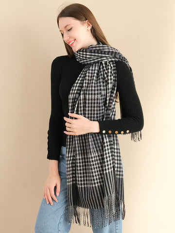 Hot * SF1255-BLK Newest Fashion Scarf Checkered With Tassel Ends