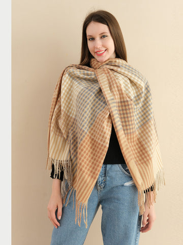 Hot * SF1255-CML Newest Fashion Scarf Checkered With Tassel Ends