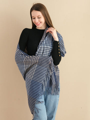 Hot * SF1255-NAV Newest Fashion Scarf Checkered With Tassel Ends