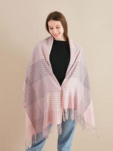 Hot * SF1255-PKN Newest Fashion Scarf Checkered With Tassel Ends