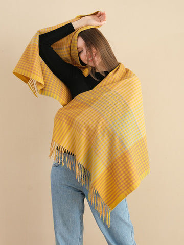 Hot * SF1255-YLW Newest Fashion Scarf Checkered With Tassel Ends