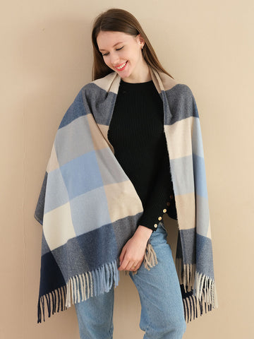 SF1256-1BLU Oversize Autumn & Winter Warm Checkered Scarf