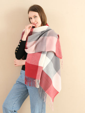SF1256-1RED Oversize Autumn & Winter Warm Checkered Scarf