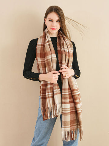 SF1257-BRD Autumn & Winter Plaid Scarf Tassel ends Cashmere