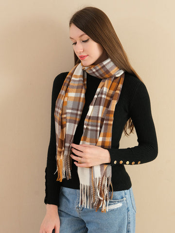 SF1257-1BRN Autumn & Winter Plaid Scarf Tassel ends Cashmere