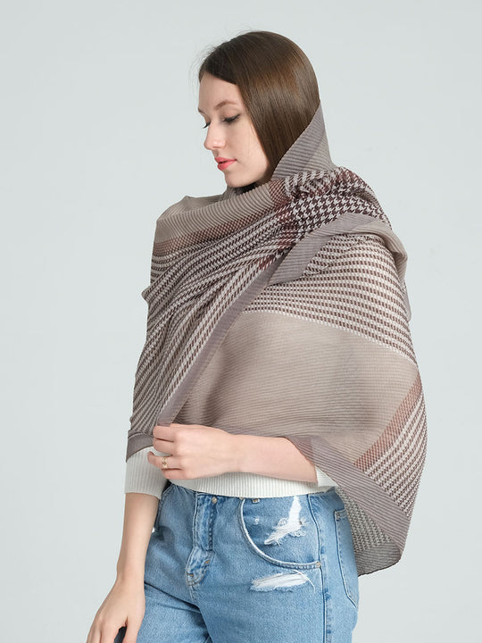 SF1288-KHAKI Beautiful Lightweight Houndstooth Pleated Shawl