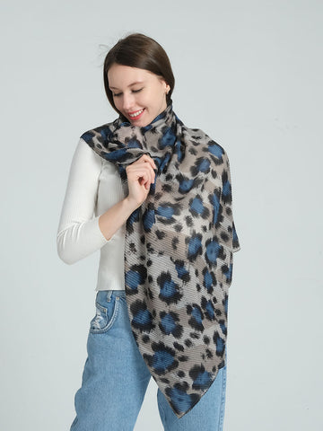 SF1289-BLUE Leopard Print Pleated Scarf For All Purpose