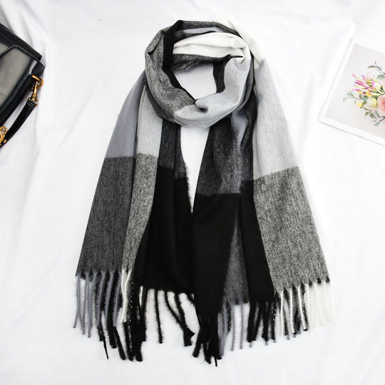 SF1318-BLACK-Ladies color block large plaid scarf