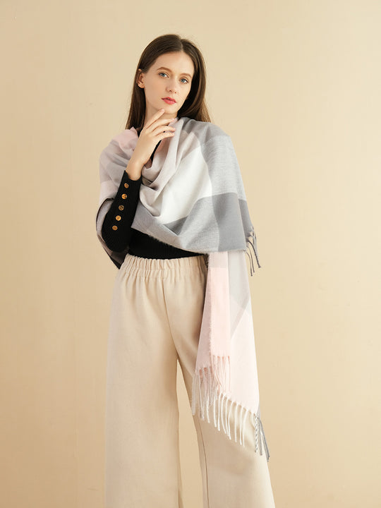 SF1318-GREY-Ladies color block large plaid scarf