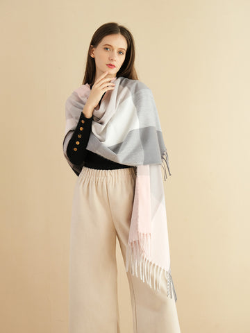 SF1318-GREY-Ladies color block large plaid scarf