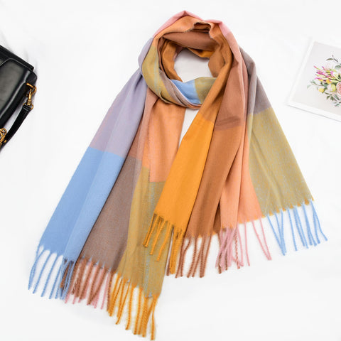 SF1318-PINK-Ladies color block large plaid scarf