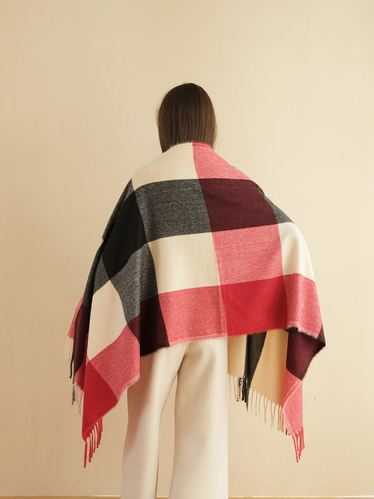 SF1318-RED-Ladies color block large plaid scarf