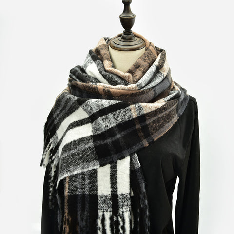 SF1320-BLACK-Ladies classic color block sheep stick scarf