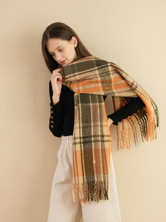 SF1320-ORANGE-Ladies classic color block sheep stick scarf